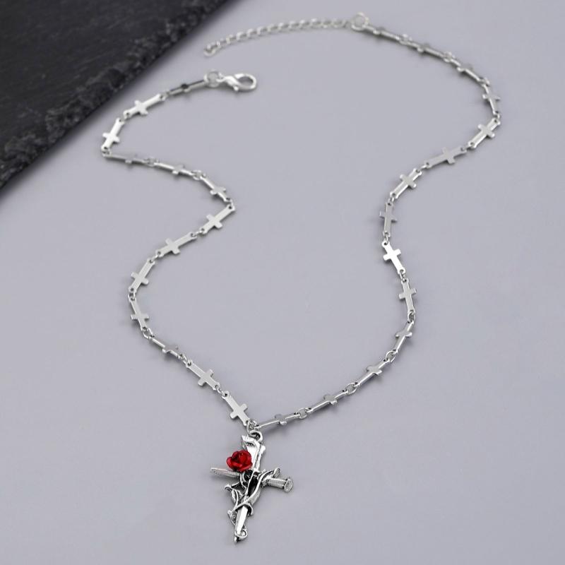 Alloy Rose Crucifix Pendant Necklace For Everyday Wear Religious Symbol Jewelry Gift With Adjustable Chain Design