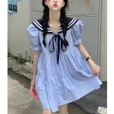 Color Matching Navy Collar Striped Short-sleeved Dress Female Summer Sweet Loose Slim College Style Dress