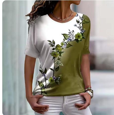 2024 New Women's T-Shirt Fashion Crew Neck Flower Printing Casual Daily Women's Top Summer Trend Loose