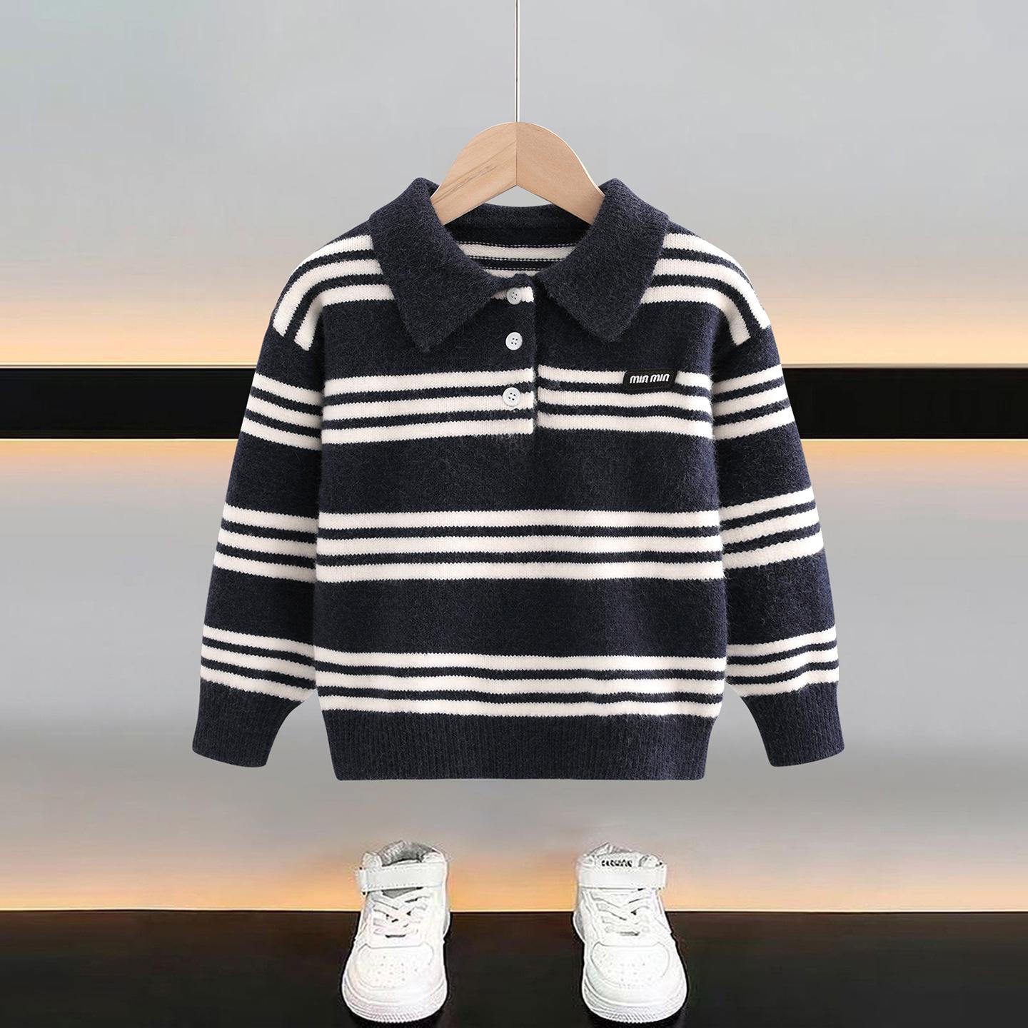 

Вязаный свитер для мальчиков Осень 2025 в корейском стиле, полосатый, с отложным воротником - Мягкий и повседневный, с длинным рукавом, для детей от маленького до среднего возраста 90cm