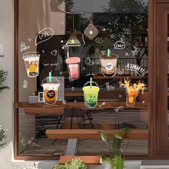 Bubble Milk Tea Window Cling Cafe Milk Tea Static Stickers Removable PVC Boba Tea House Decals for Milk Tea Shops Coffee Shops Bakeries