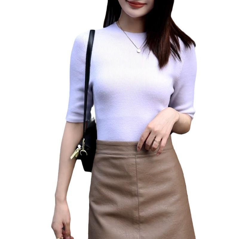 Machine washable worsted 0 full wool pullover semi-turtleneck medium sleeve bottomed knitted sweater new wool sweater autumn slim fit