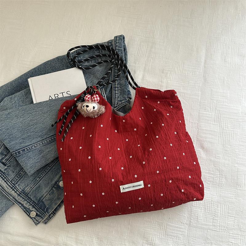 Simple Flower Pattern Women Casual Drawstring Shoulder Bag With Pendant For City Commuting
