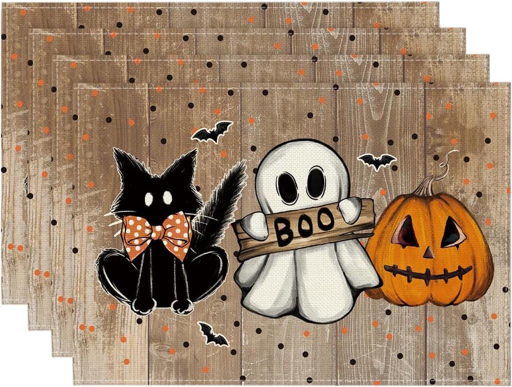 Wood Polka Dot Ghost Cat Boo Halloween Placemats Seasonal Table Mats for Party Kitchen Dining Decoration