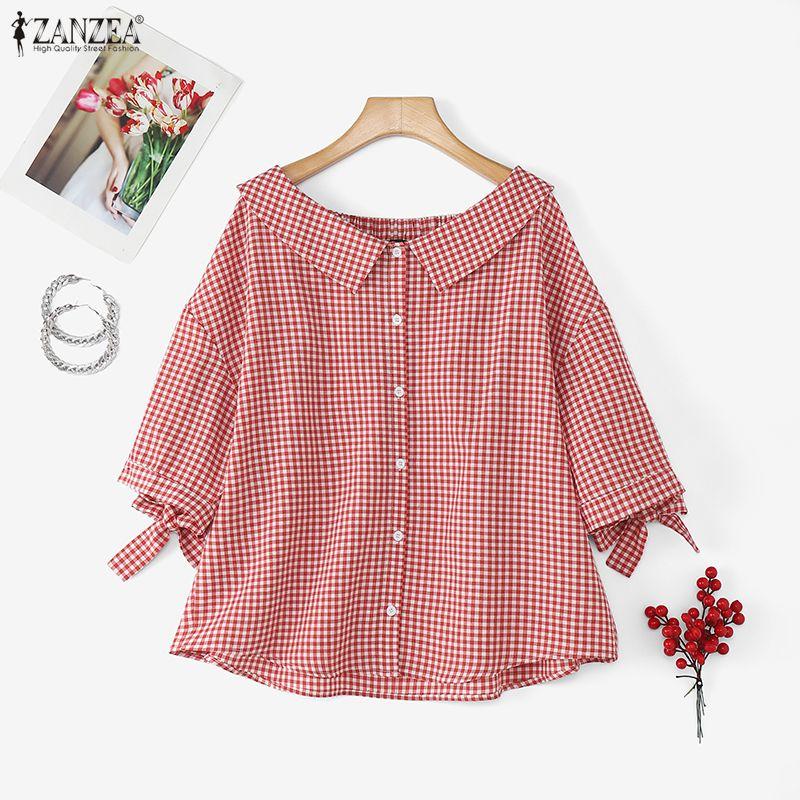 

ZANZEA Women Casual Loose Lapel Neck Plaid Print 3/4 Sleeve Blouse 5XL красный