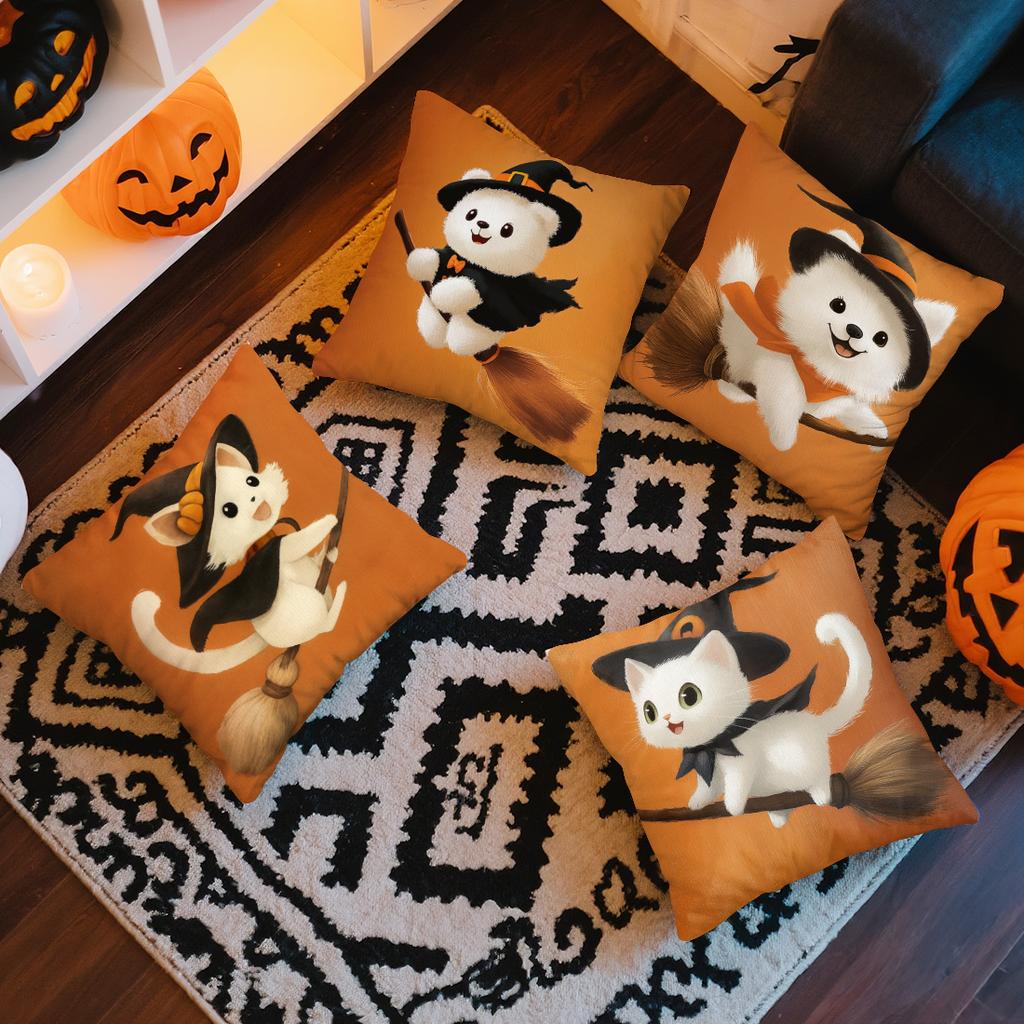 Witch Dog Cat Riding Broom Pillowcase Printed Polyester 45X45Cm Throw Pillowcover Decorative Sofa Cushion Pillowslip Home Decor