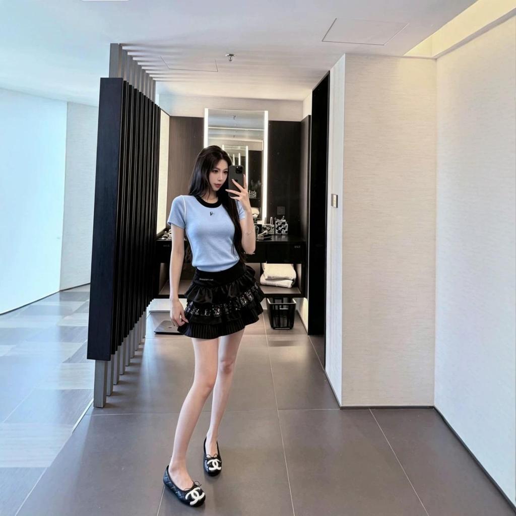 2026 Summer Women's Color Block Embroidery Knit Slimming Round Neck Short Sleeve T-Shirt