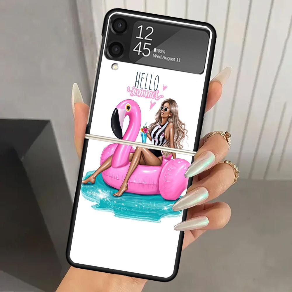 Girl Flamingo Summer Beach Hard PC Phone Case For Samsung Galaxy Z Flip 6 5 4 3 Black Cover ZFlip6 Flip5 Flip4 5G Foldable Print