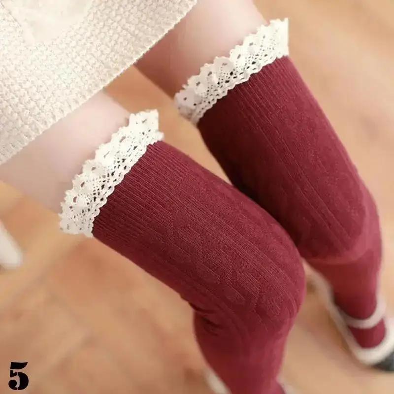 1 Pair Women Fashionable Solid Color Warm Cotton Thigh High Long Stockings Knit Over Knee Lace Girls Socks Accessories Creative