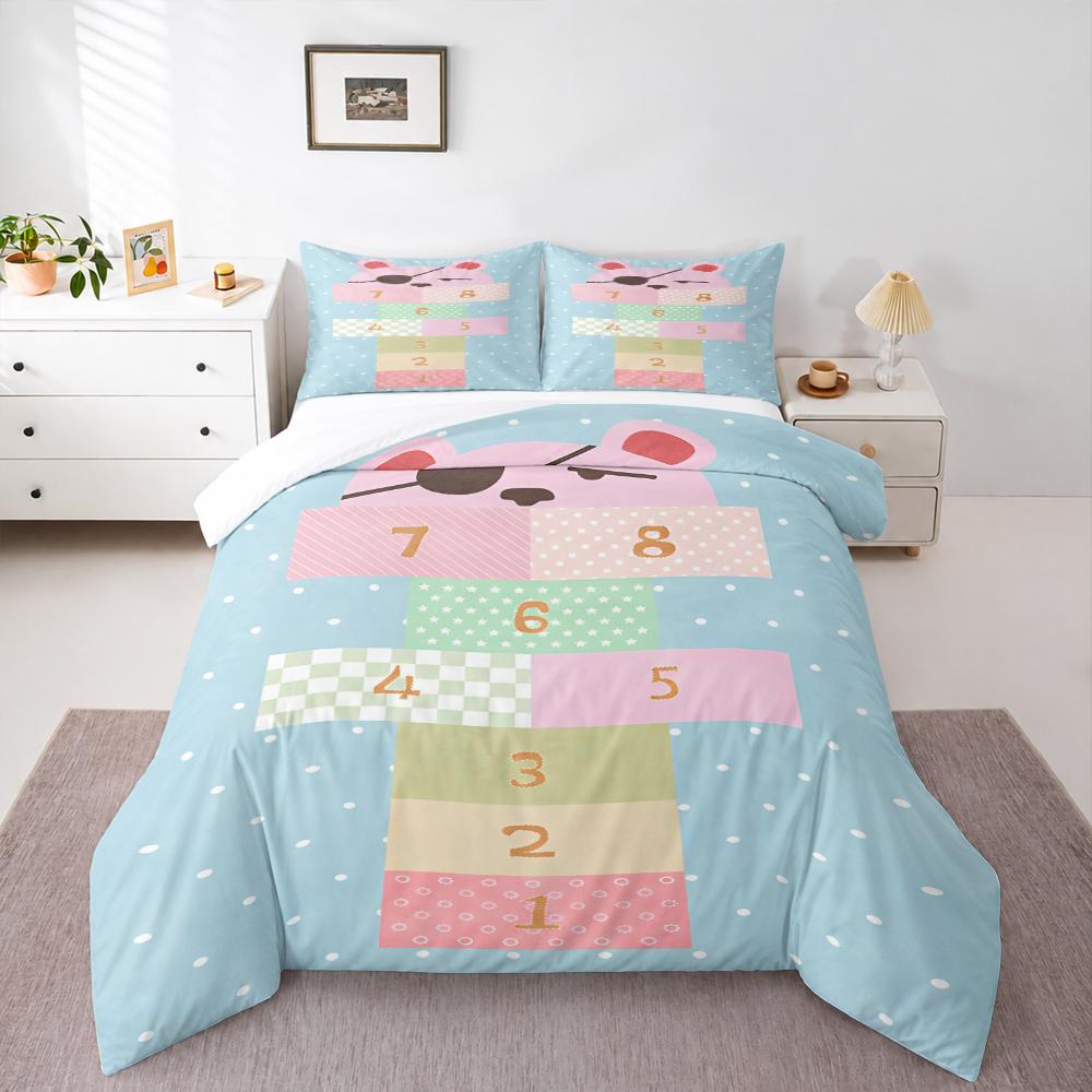 Cute Pink Pirate Bear Hopscotch Number Bedding set (1 duvet cover, 2 pillowcases, duvet not included), Blue Polka Dot Play Art Print