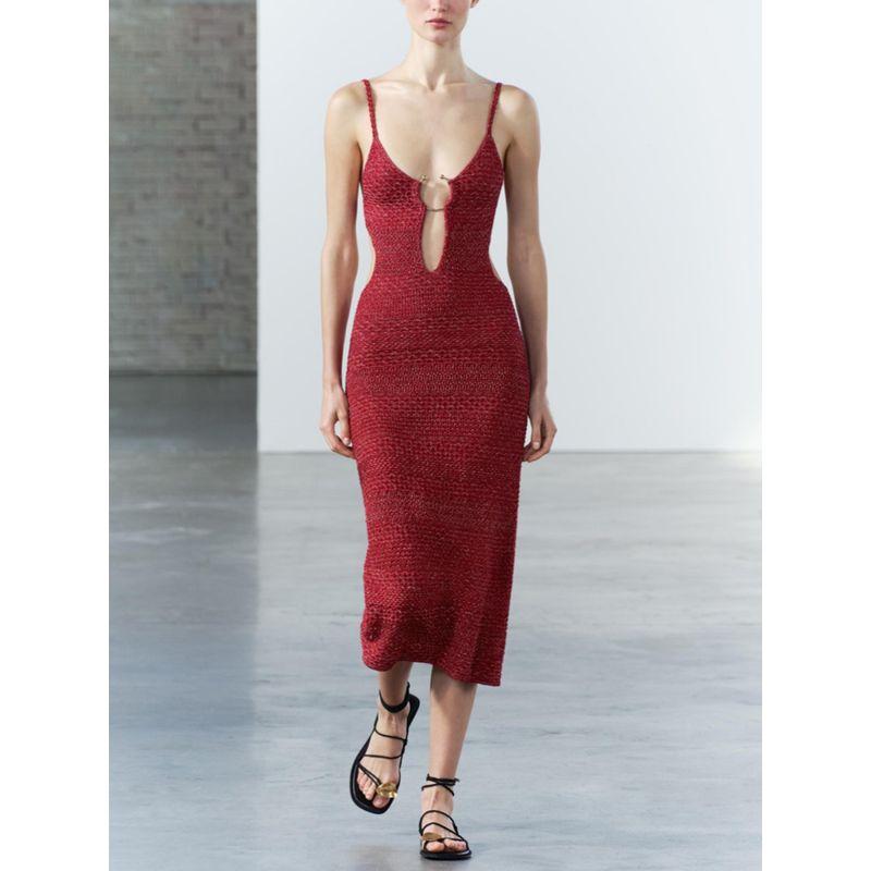 Za2024 Summer New Product Women's Clothes Waist Slim Looking Opening Design Buckle Decoration Knitting Dress 2756023