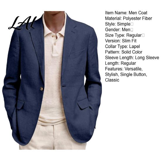 Polyester Single Button Coat Men Casual Blazer Notch Lapel Suit Jacket Structured Daily Wear Jacket Business for Wedding Office Layering Pieces