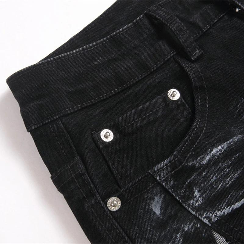 BeatStreet Diamantstjerne Lappeteppe Jeans Menn Mote Svarte Rette Smale Denimbukser Rhinestone Spleising Jeansbukser for Menn