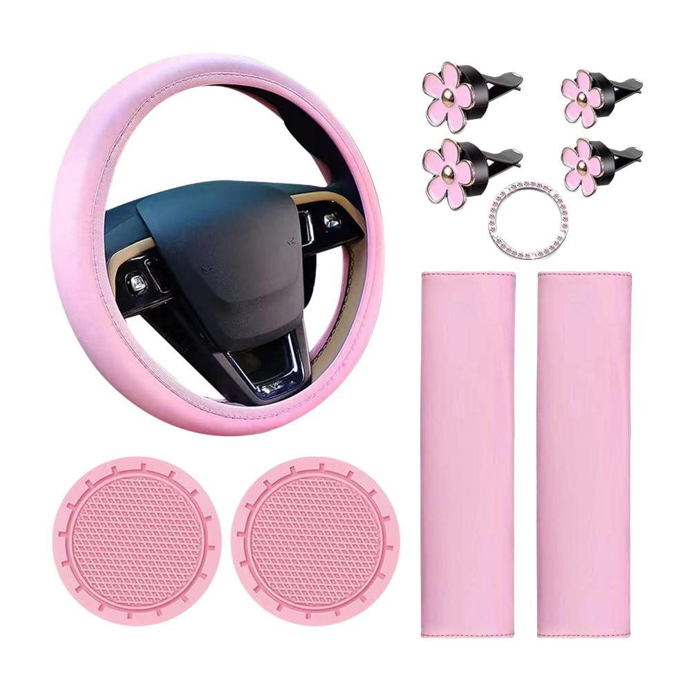 10Pcs Leather Steering Wheel Cover For Women Cute Car Accessories Set With Seat Belt Shoulder Pads Cup Holders Car Decorations