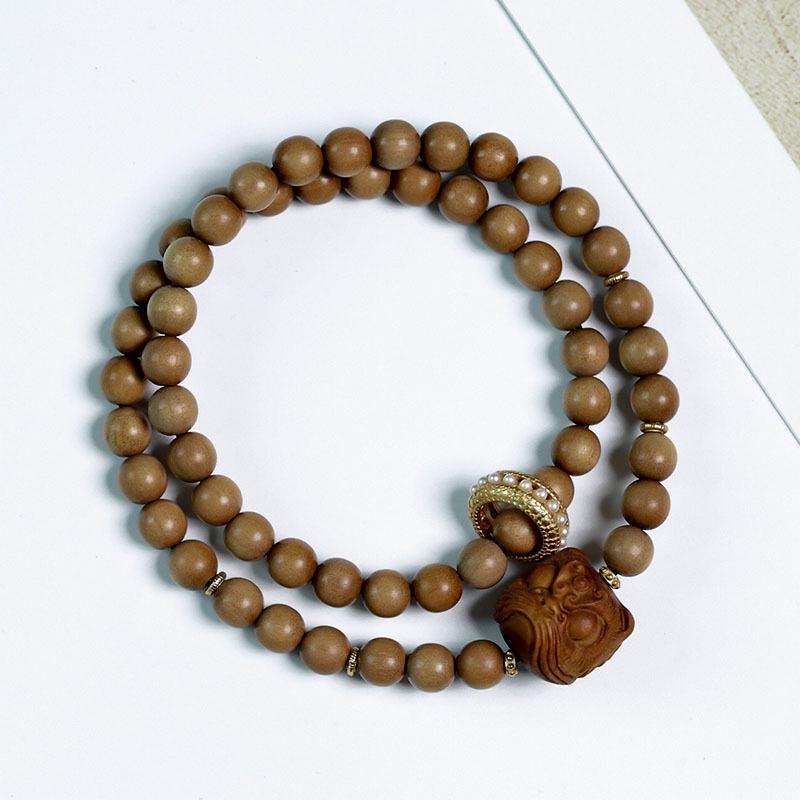Indian Sandalwood Multi-Circle Bracelet with Horse Racing Ring - Retro Chinese Style Buddhist Prayer Beads.