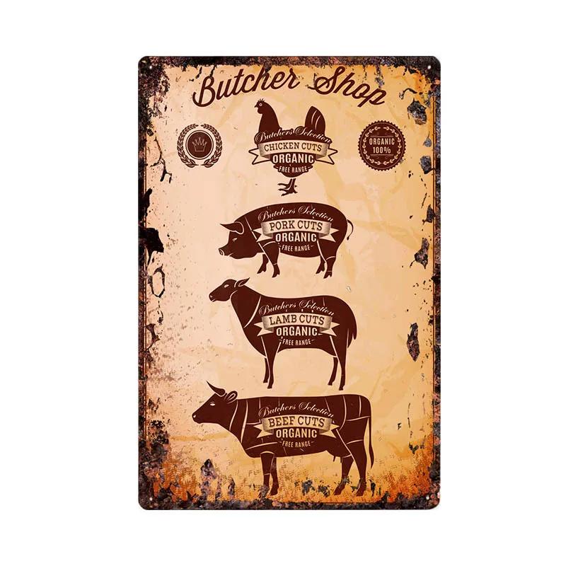 Butcher Shop Vintage Metallskylt Kökaffisch Nötkött Gris Anka Köttsnittsguide Retro Väggplakett Målning Hantverk 20x30cm