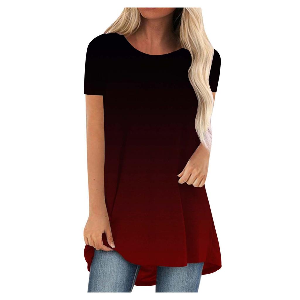 Gradient Color 3D Print Long T-Shirts Women Casual Streetwear Oversized O-Neck Short Sleeve T Shirt Y2K Tops Tees Woman Clothing