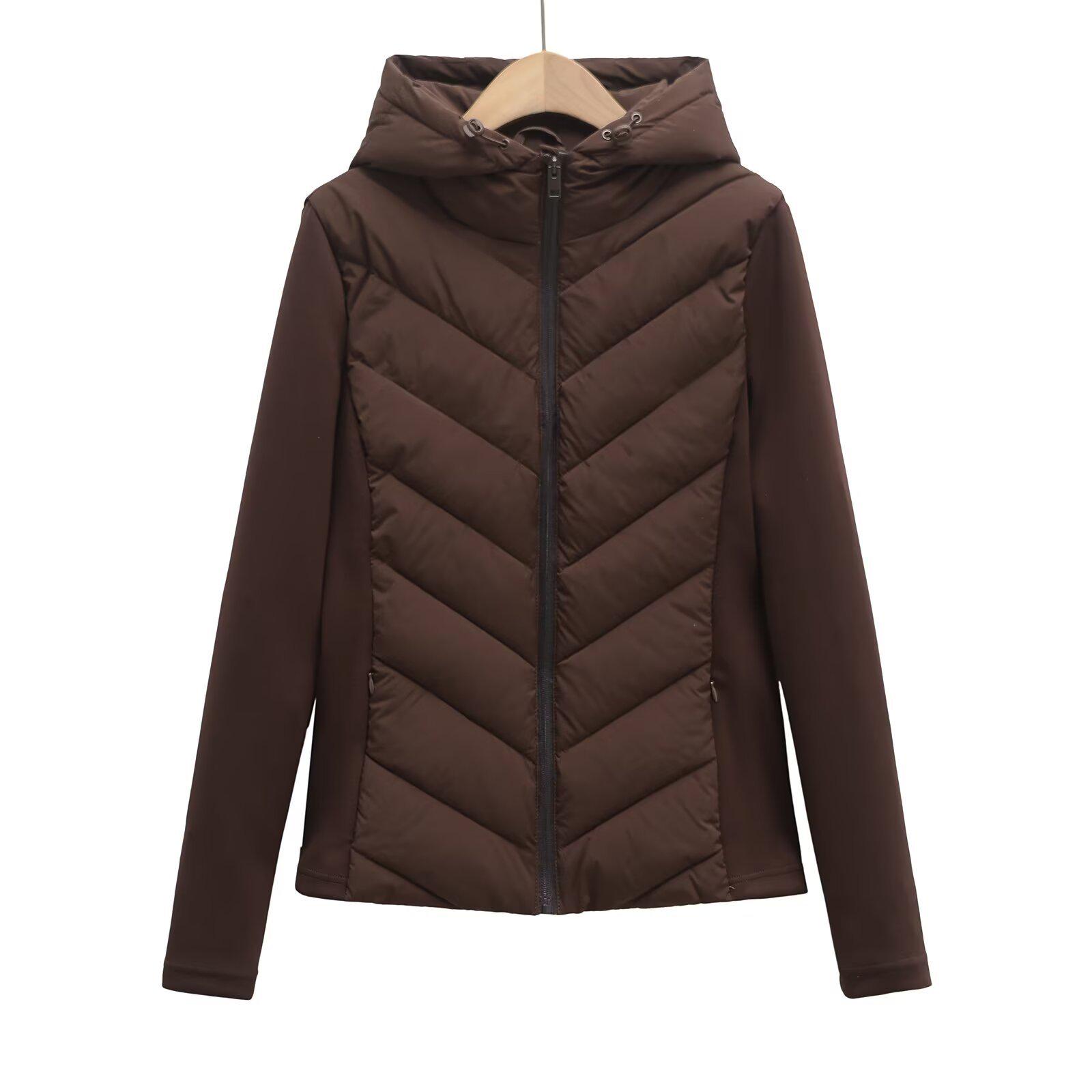 Damen gesteppte schmal geschnittene Patchwork-Ärmel einfarbige Kapuzen leichte Baumwolljacke für Winter 2025 black