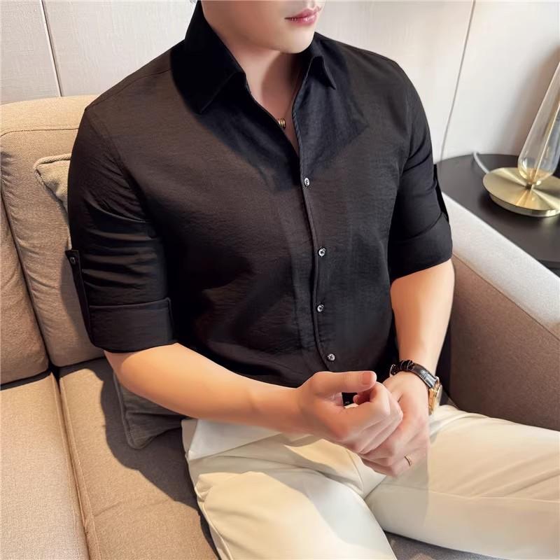 

Весна Лето Тонкие повседневные рубашки Мужская мода Slim Fit Однотонные рубашки с длинным рукавом Смарт-повседневная рубашка Мужская однобортная блузка M чёрный