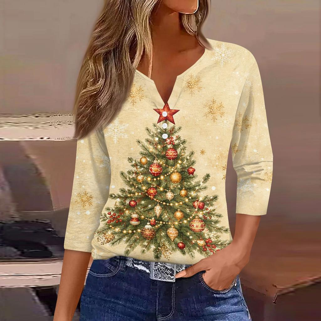 Women's Fashion Casual Christmas Print V-Neck Button Three-Quarter Sleeve T-Shirt Top