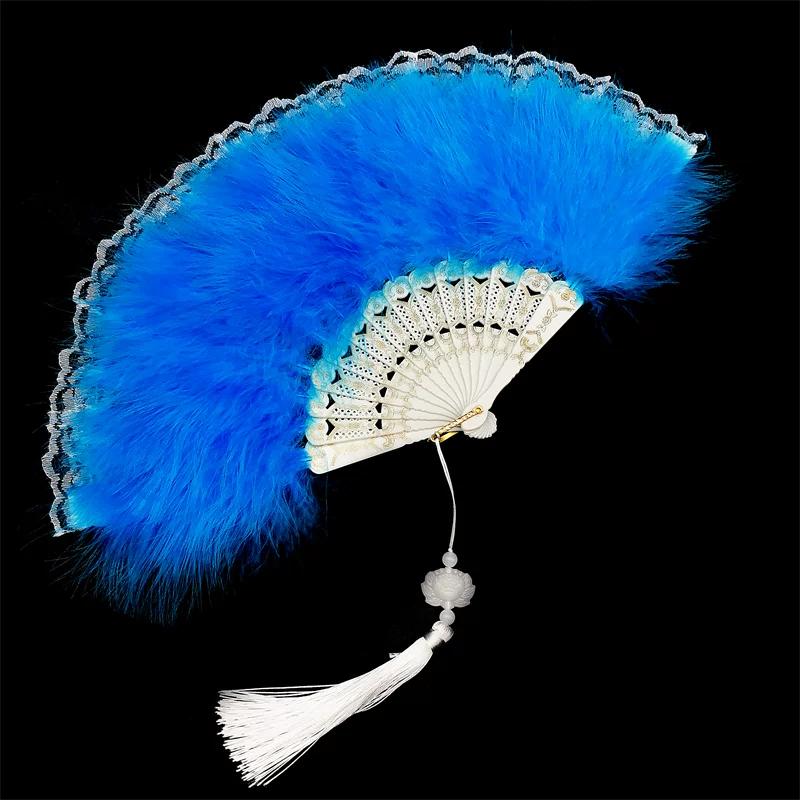 White Feather Fan Full Velvet Thickening Cheongsam Catwalk Folding Fan Yudi Boutique Night Shanghai Chinese Ancient Style Dancing Folding Fan Female