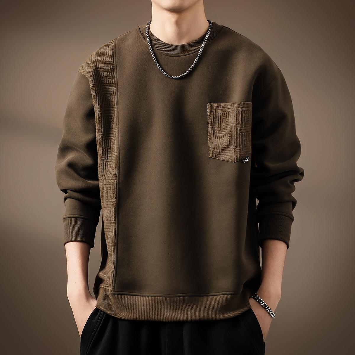 

Splicing Hoodie Мужская свободная рубашка с круглым вырезом и американской рубашкой L дубильная кора