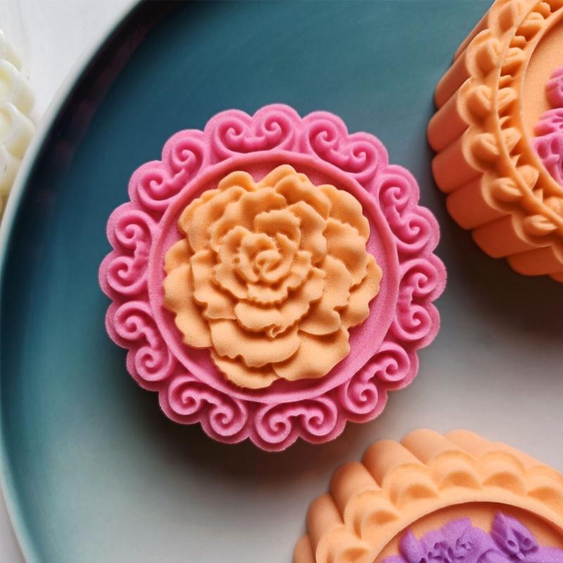 Mung Bean Cake Mold with 4 Seals- Rose Peony Plum Blossom- Mold Set Hand Pressed Cookie Dessert Diy Pastry Baking Tool