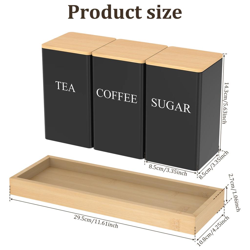 3 st Metallförvaring för Kaffebönor med Bambulock och Bricka Enkel Stil Utrymmesbesparande Förvaringsburkar för Te Kaffe Socker Köksartiklar