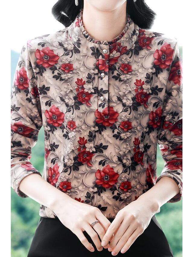Neues Blumen-Stehkragen-Knopf-Oberteil - Fleecefutter Langarm für Frauen mittleren und höheren Alters, perfekt für Herbst/Winter