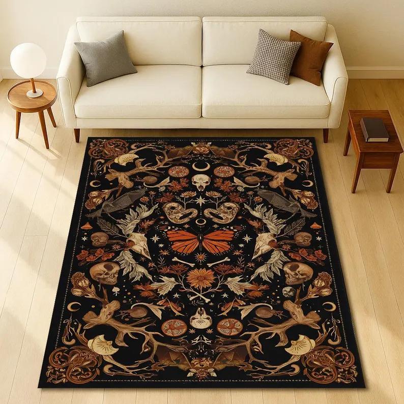 Raven Skull Gothic Carpet Occult Crow Decor, Dark Academia Rug Mysterious Witchy Home Rug Creepy Goth Room Skull Art Floor Mat