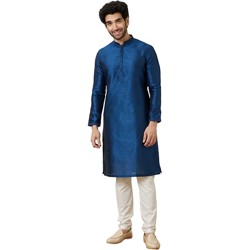 Manyavar Men's Art Silk Self Design Full Sleeves Knee Length Kurta Set (Blue, L)