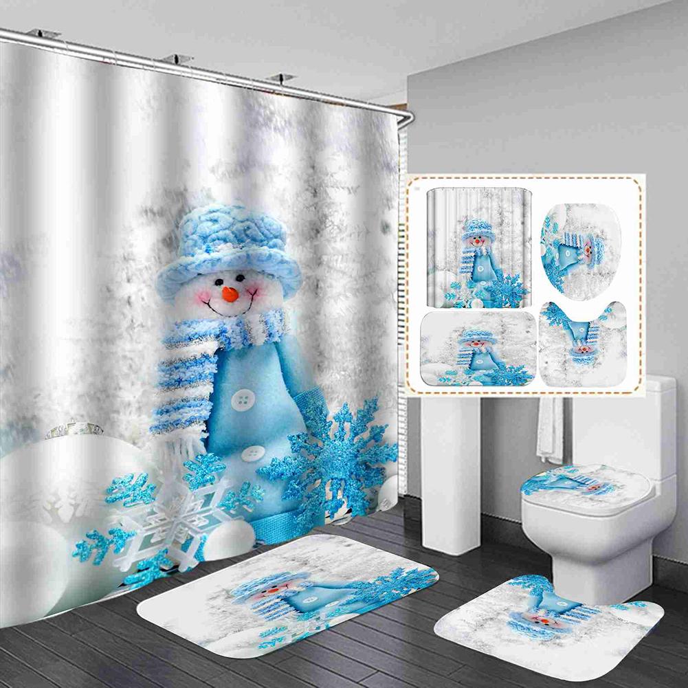 Merry Christmas Bathroom 4Pcs Set Snowman Santa Claus Pattern Waterproof Shower Curtain Toilet Cover Mat Non Slip Rug Home Decor