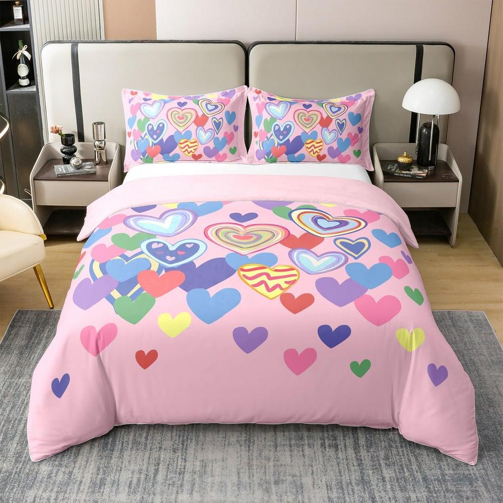 Colorful Rainbow Heart Duvet Cover Sets For Kids Boys Girls Queen Lightweight Quilt Covers Love Heart Bedding Sets Bedroom Decor