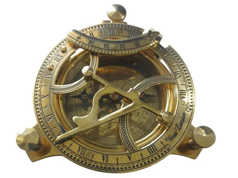 Vintage Brass Compass Sundial with Sheesham Wooden Box