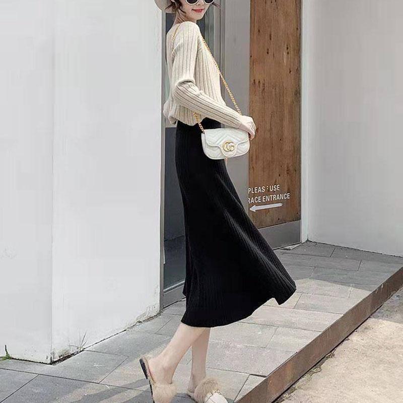 Autumn Winter Knitting Solid Color Pleated Skirt Female High Waist All-match Mid-length A-line Skirt