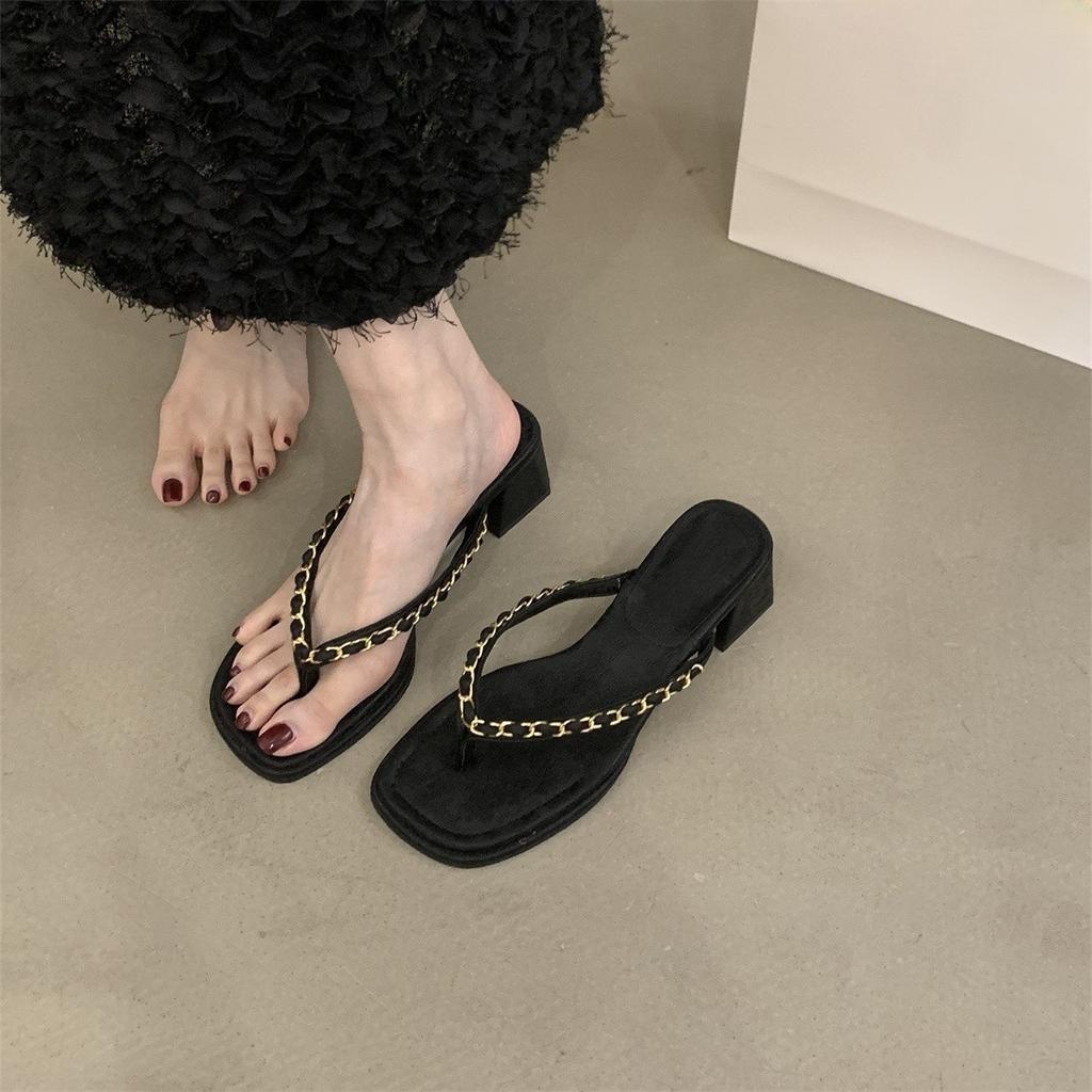 2025 summer new temperament thick heel flip-flops outer wear women's shoes retro metal chain toe high heel sandals