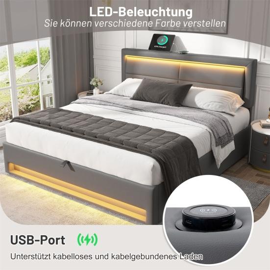 Gepolstertes Bett Großer Stauraum LED-Beleuchtung Stabiler Rahmen Robuste Doppelkonstruktion mit USB-Anschlüssen Modernes Holzlattenrost Funktional
