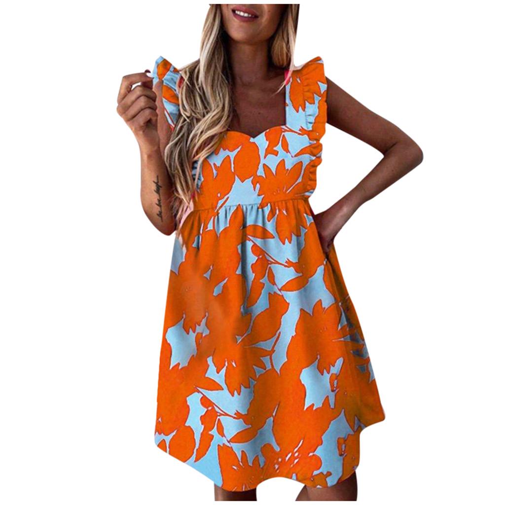 

(SU)Женское повседневное короткое платье без рукавов с цветочным принтом и оборками