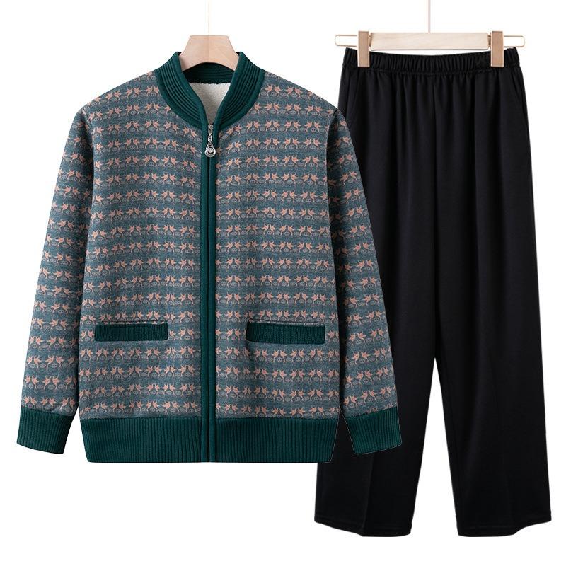 Mom's Autumn and Winter New Plush Top Medium Women's Cardigan Sweater Middle-aged and Elderly Casual Foreign Jacket