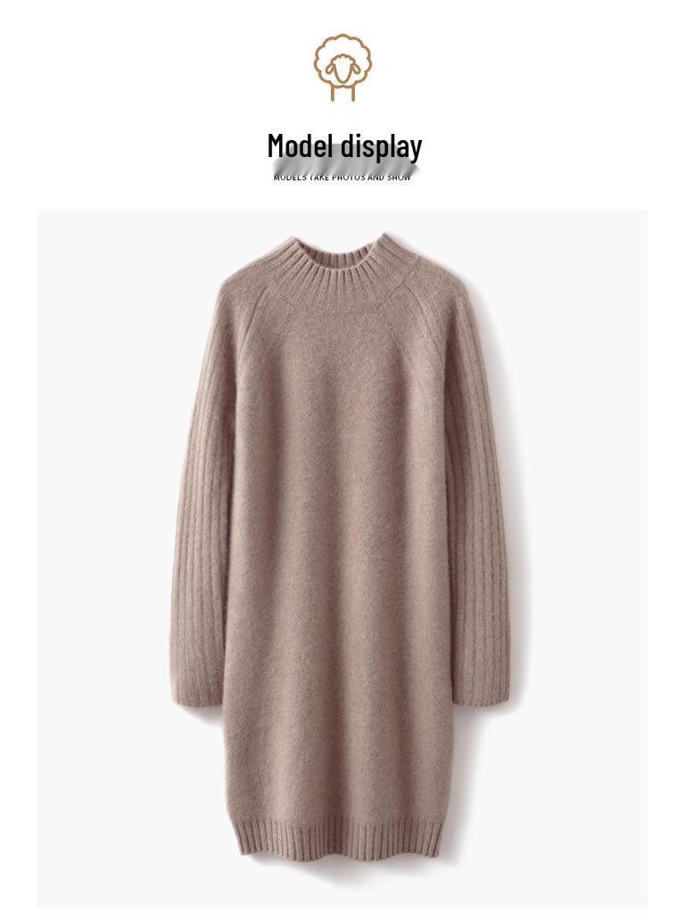 Damska sukienka dzianinowa w stylu koreańskim, dopasowana, 100% wełna - Półwysoki dekolt, pogrubiona na jesień/zimę