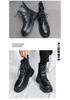 Men's Black Round Toe Ankle Boots with Cross Metal Buckle, Thick Sole, Side Zipper, and Knight Design.