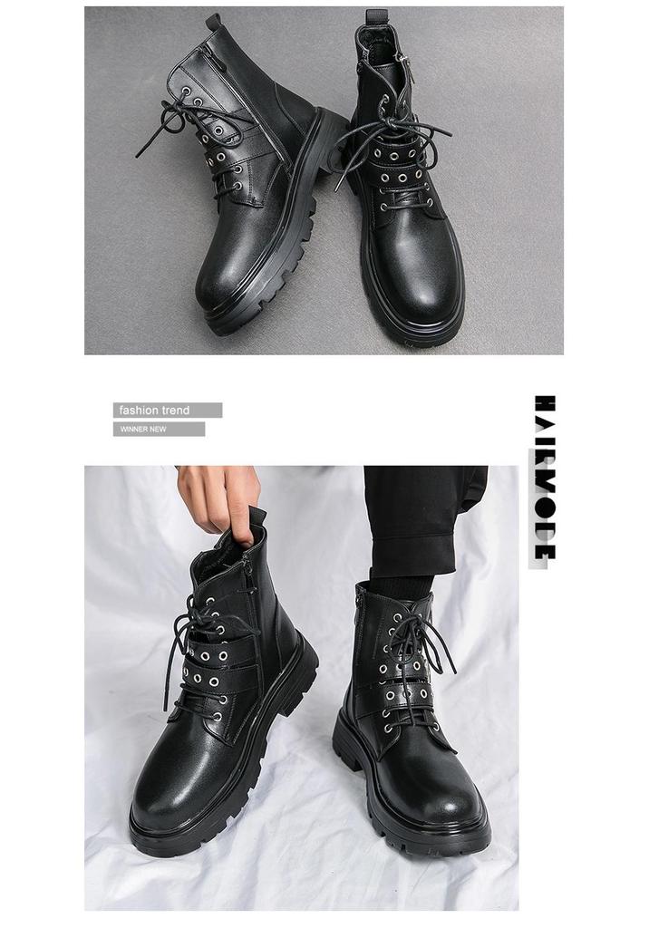 Men's Black Round Toe Ankle Boots with Cross Metal Buckle, Thick Sole, Side Zipper, and Knight Design.