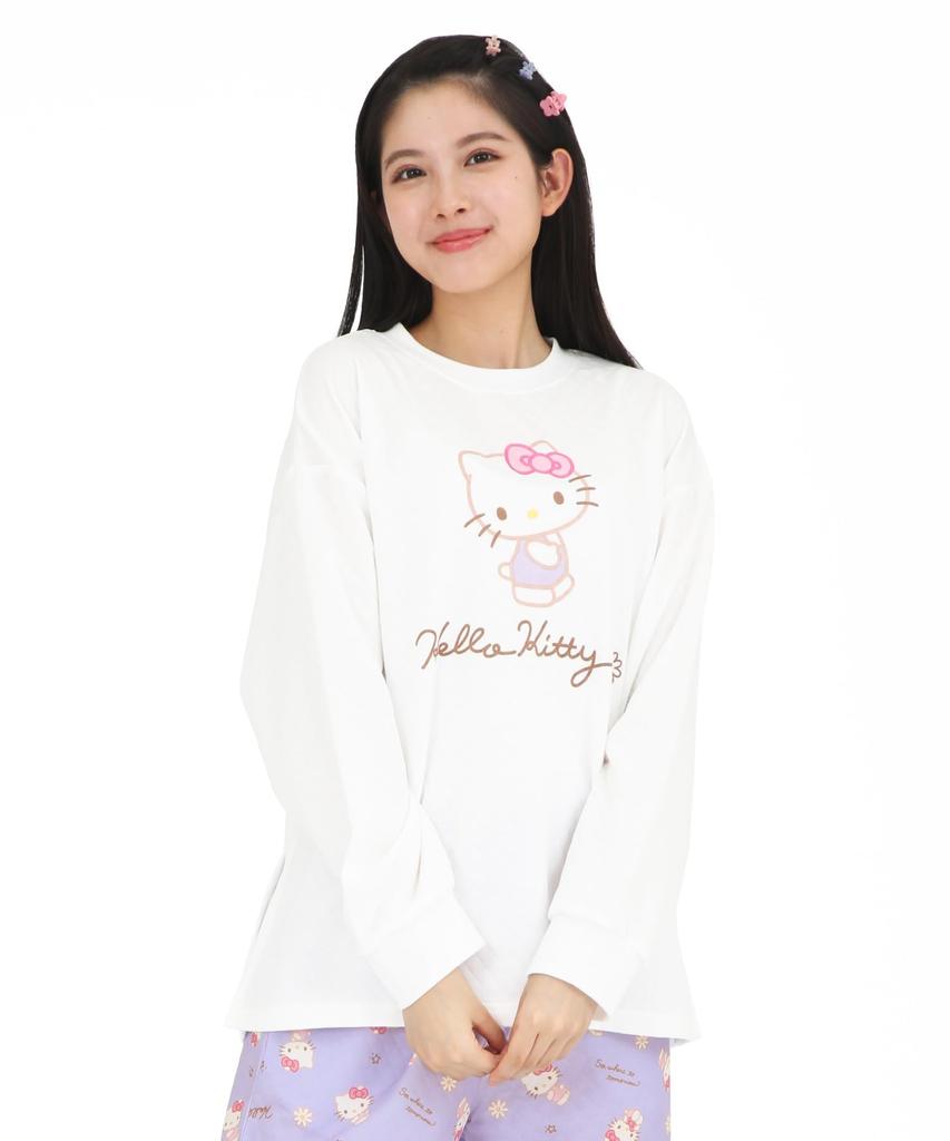 Hello Kitty Room Knit Long Long Top and Bottom Covered Loungewear x [SAZAC] Wear, Quilt, Women's, Sleeves, Pants, Set, Pajamas, (Ivory