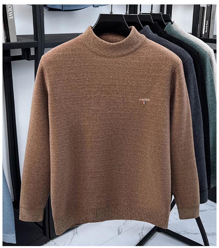 Men's Fleece-Lined Knit Sweater with Half-High Collar and Inner Fleece