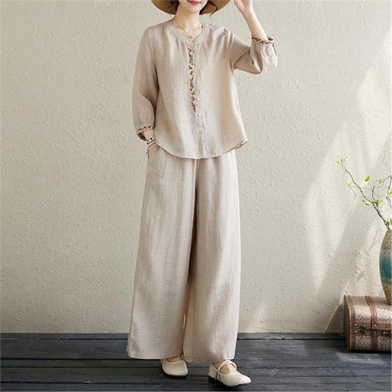 Spring/Summer Embroidered Shirt & Loose Cotton Linen Pants Set for Middle-Aged/Elderly Women