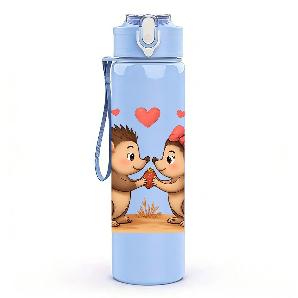1PC Loving Hedgehog Couple 750ml Color Plastic Sports Water Bottle Leakproof Flip Straw Lid Suitable for Sports Office Home Use
