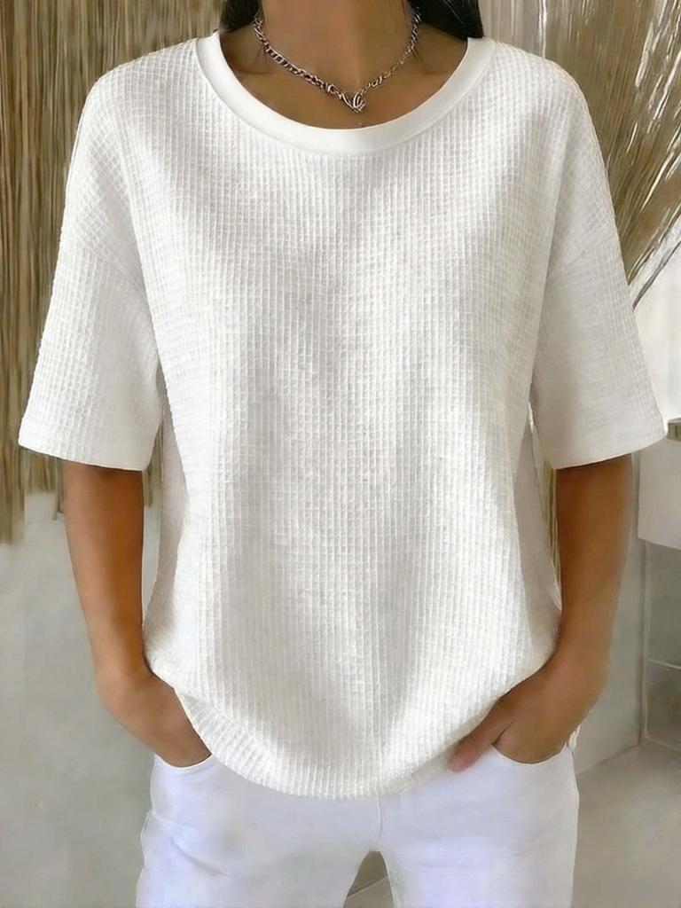 2026 Summer New Fashion: Simple Solid Color Waffle Knit Round Neck Short Sleeve Top
