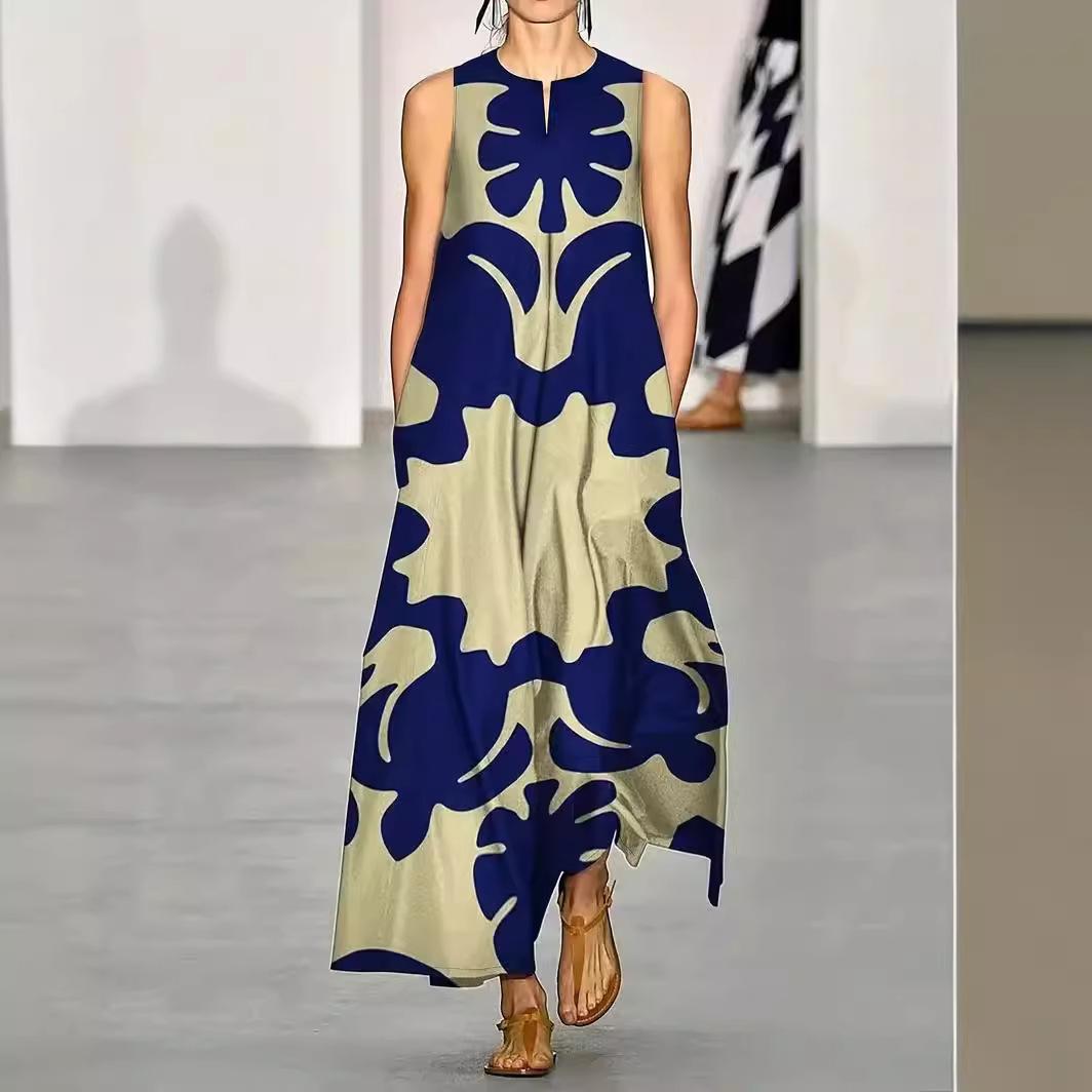 

Boho Print Long Dress for Women V-neck Sleeveless Loose Waist Maxi Dress with Pocket Elegant Stylish Work Vacation Dress Summer Breathable Soft Dress 2XL