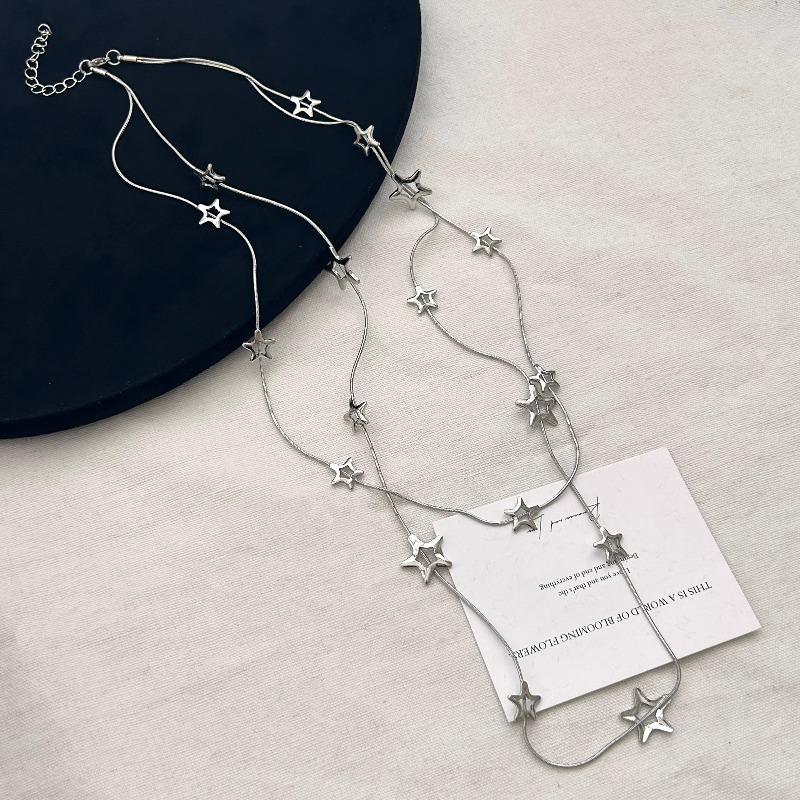 Korean Y2K Pentagram Five Star Pendant Necklace Silver Color Punk Long Chain Necklace Double Layer Y2K Jewelry Neck Chain Choker