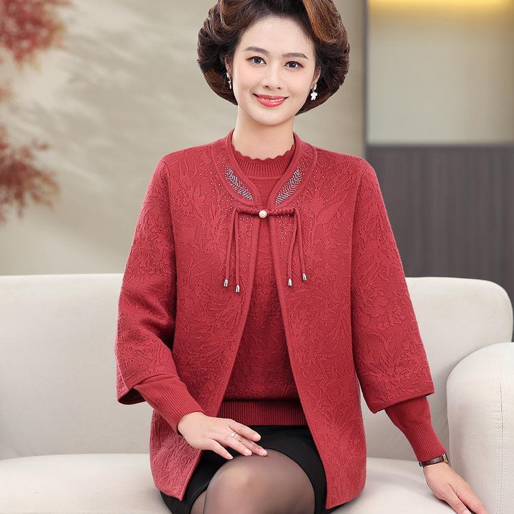 Damen Western-Strickjacke, Hochzeitskleid für die Schwiegermutter und Neuer Chinesischer Pullover für das Herbstkleid der Mutter, Zweiteiliger Anzug.
